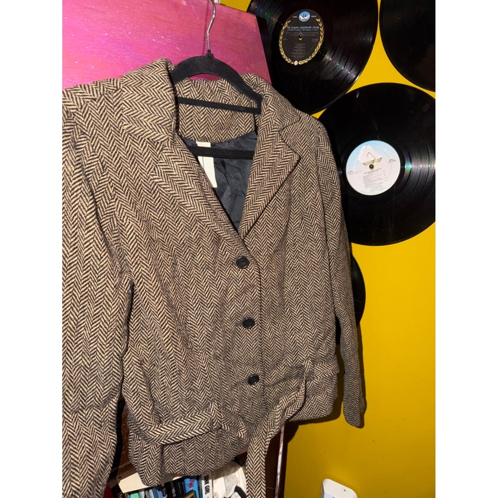 Jax Women Brown Herringbone Cropped Blazer Jacket Belted Vintage Style